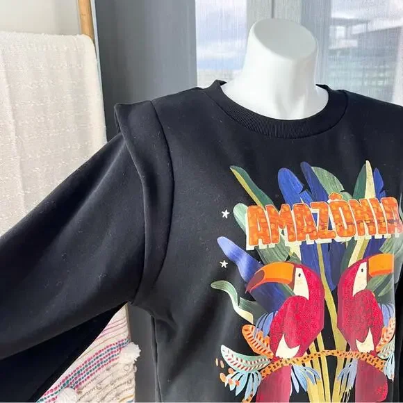 Farm Rio Amazonia Black Long Balloon Sleeves Sweat Dress Women’s Size Medium - Picture 2 of 11